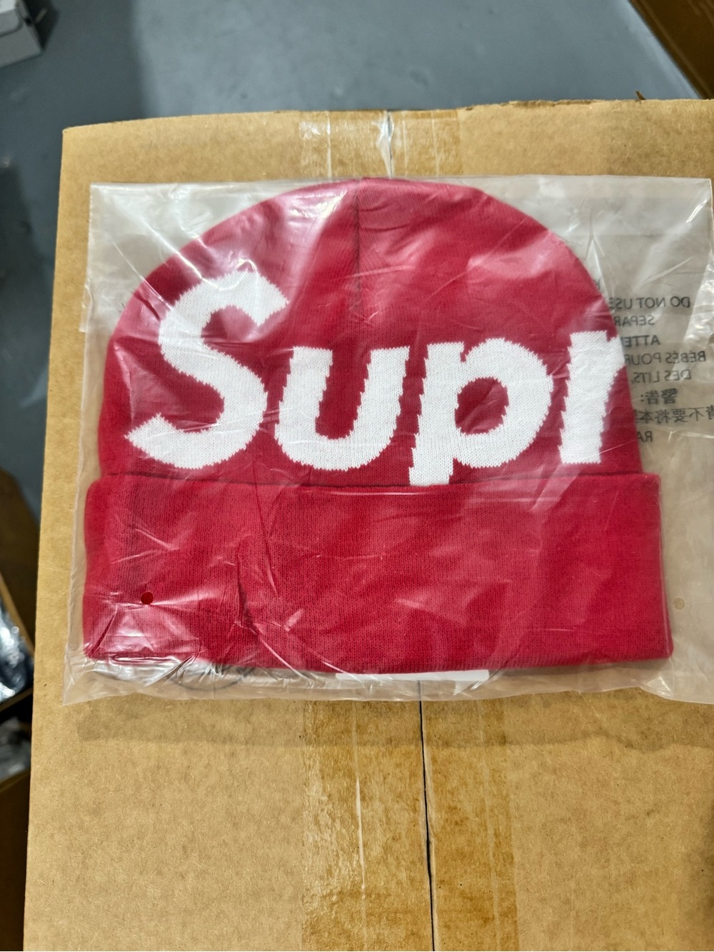 Supreme Red Knit Beanie with White Logo Panel
